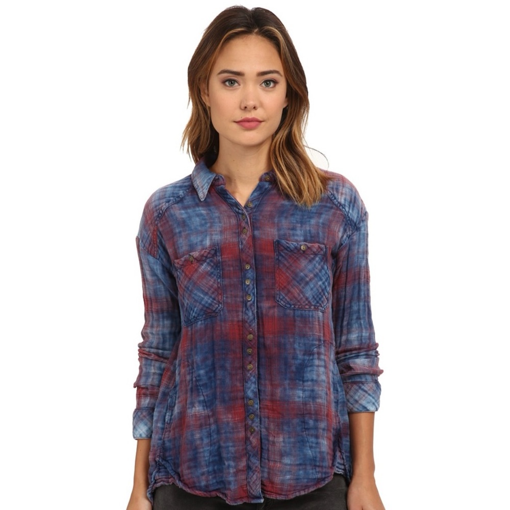 Free People Plaid Double Cloth Shirt in Faded Blue and Brick Red Fall Winter